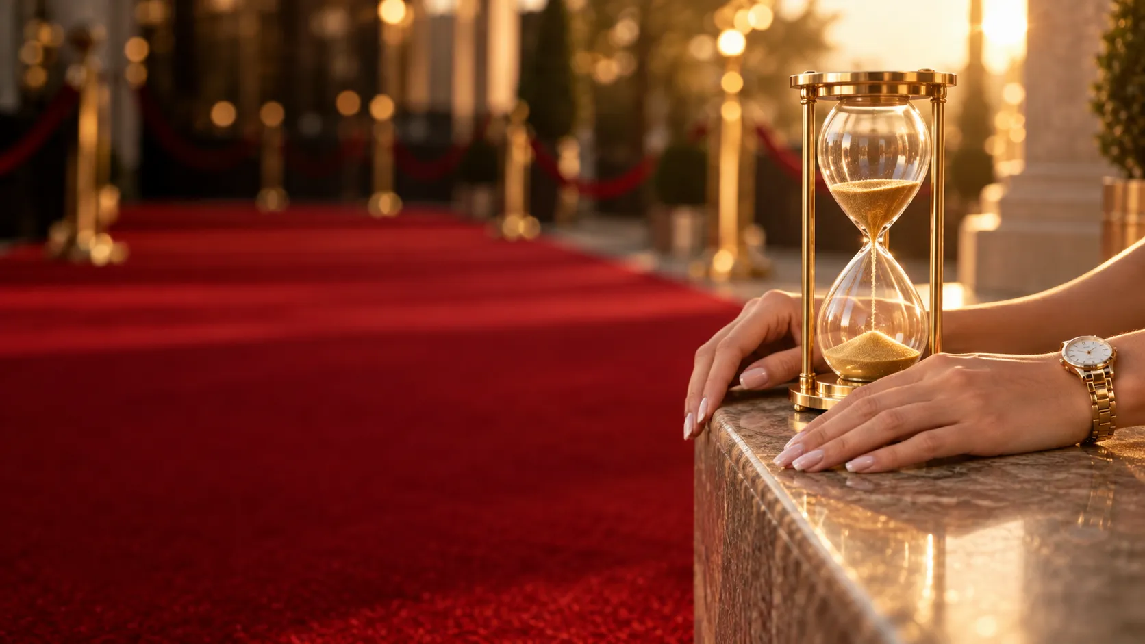 Hands resting beside an elegant hourglass at a red carpet entrance