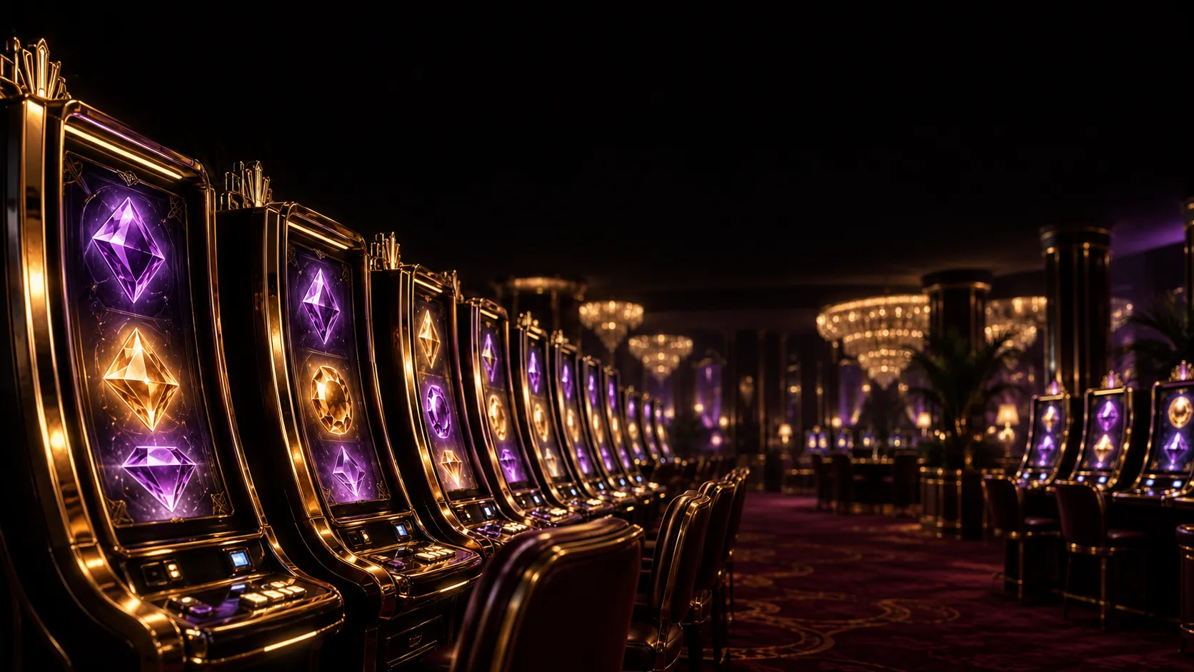 Row of glowing slot cabinets in soft-focus lights