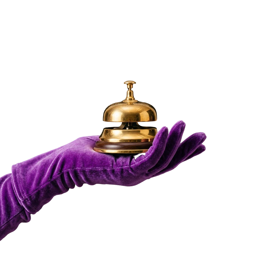 Gold service bell held in a purple velvet glove
