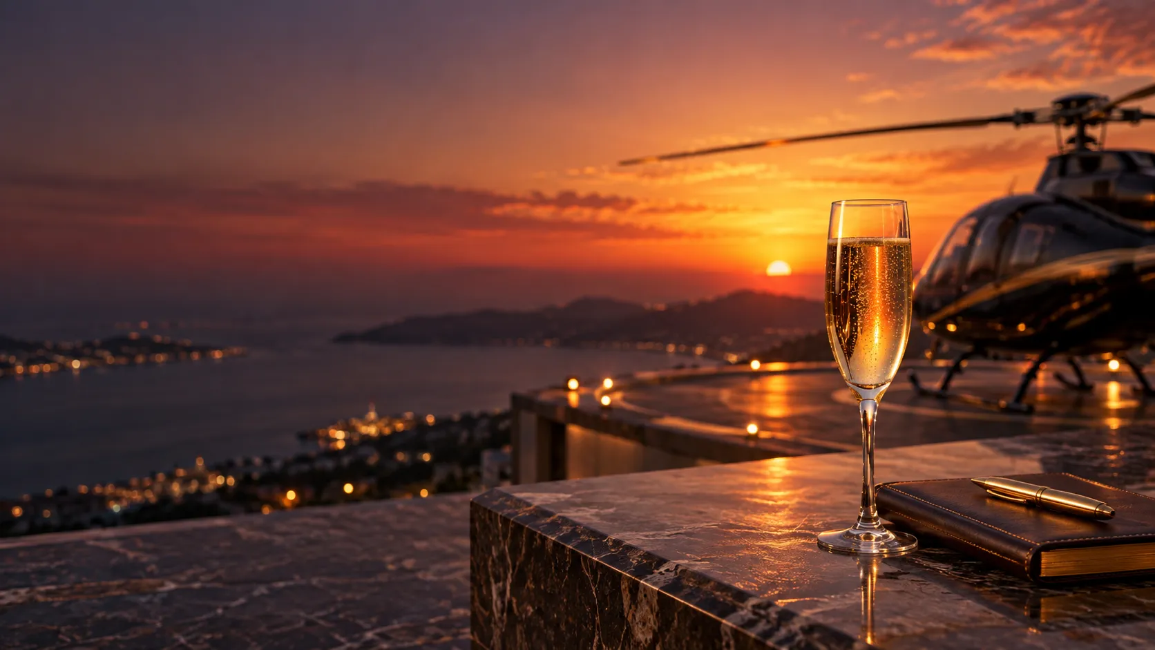 Champagne glass beside a leather notebook on a helipad at dusk