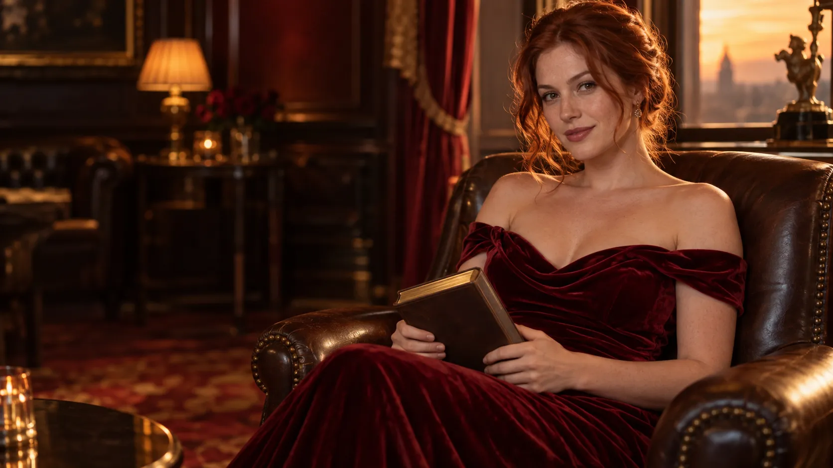 Woman in a velvet gown holding a leather-bound book in a poker lounge