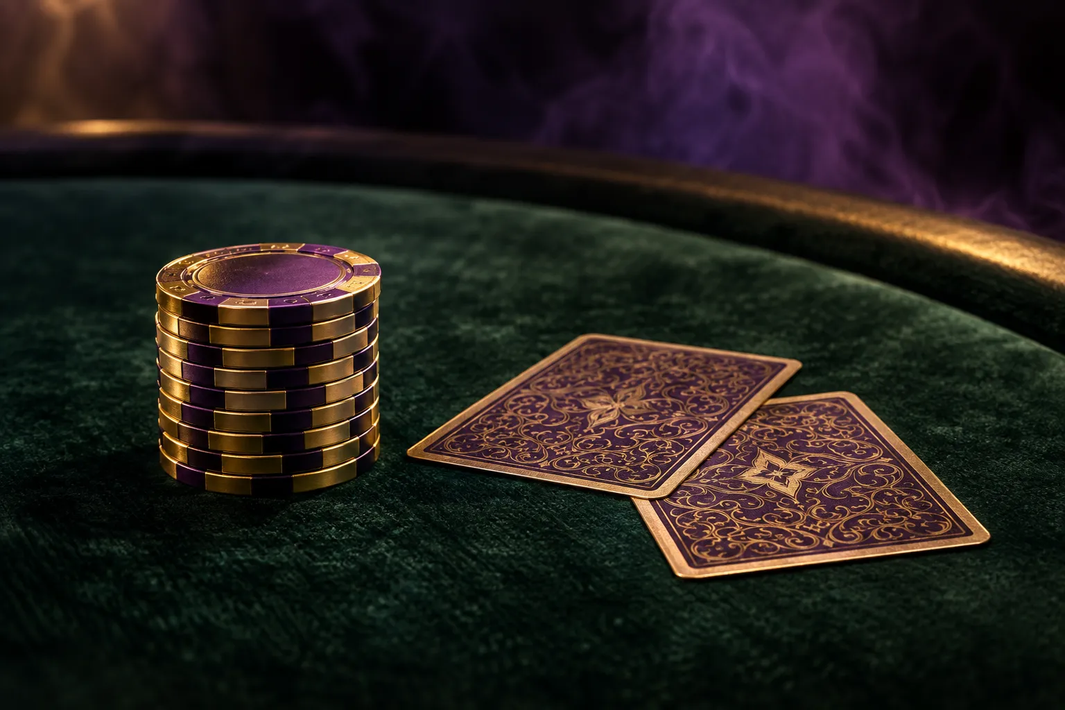 Detail of a card table with cards and chips