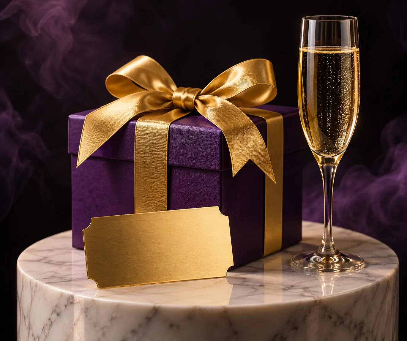 Pedestal holding a wrapped gift and a paper ticket, picturing the qualifying deposit that starts each step