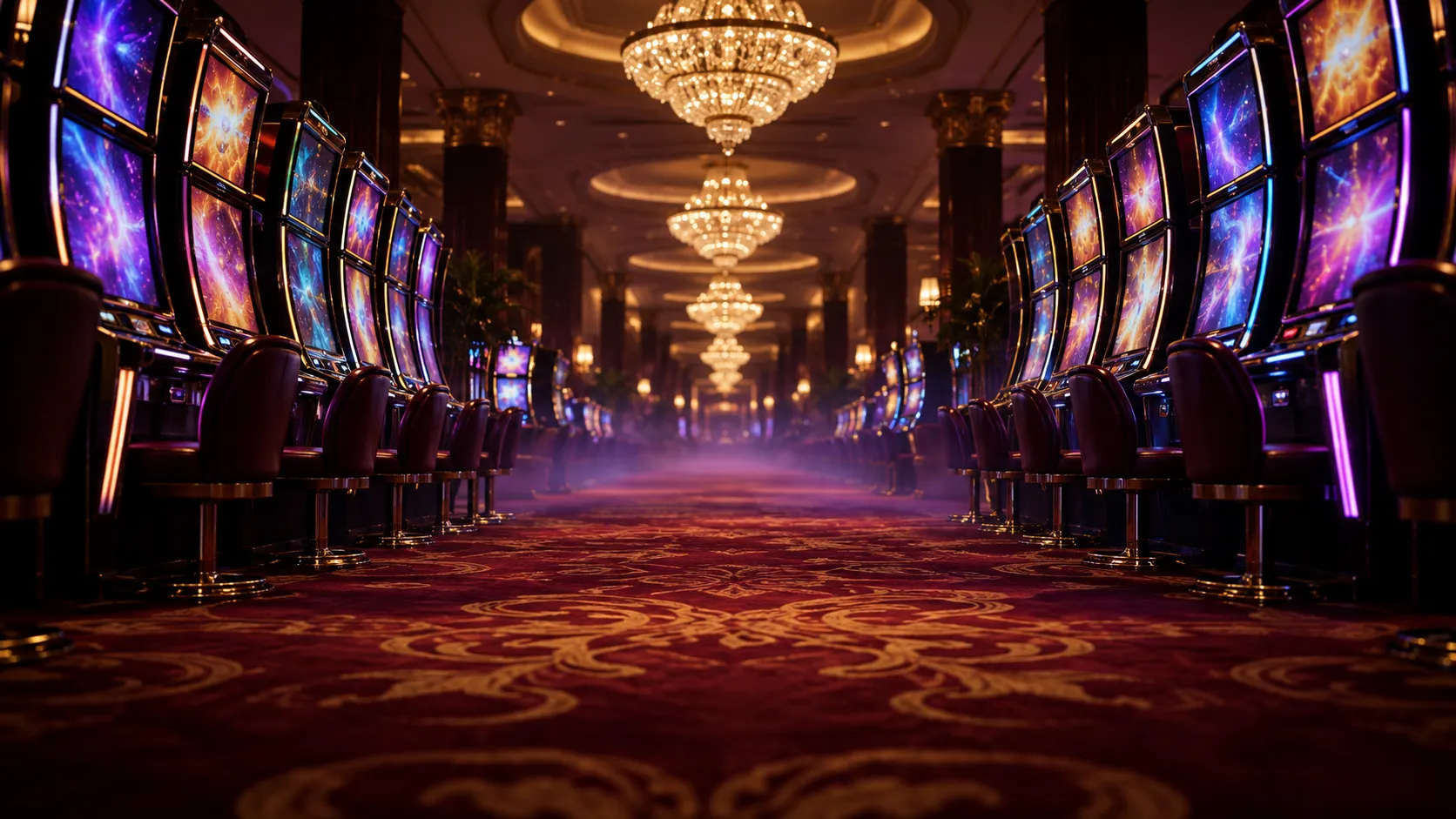 Empty luxury game hall with rows of glowing machines waiting for players