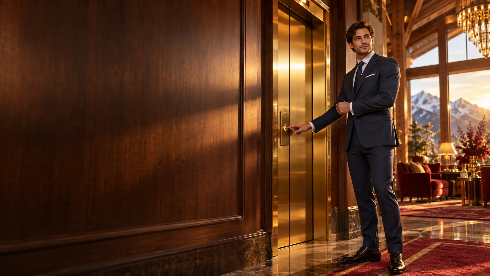 Man in a midnight-blue suit at a private elevator door in an alpine casino lodge