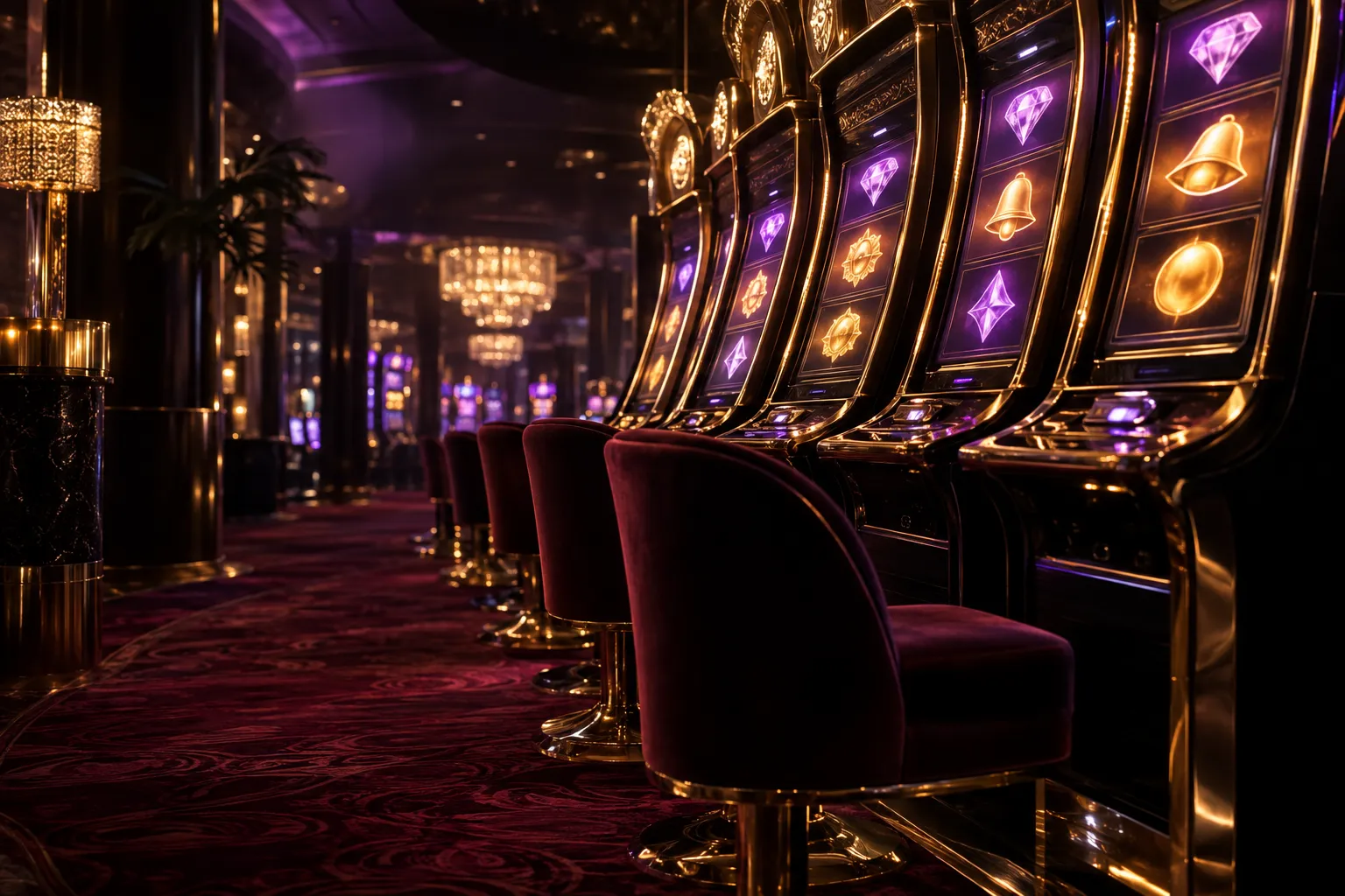 Pokie bank backdrop behind the buy-feature lane