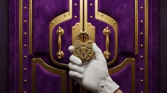 Purple safe doors with gold fittings and a padlock