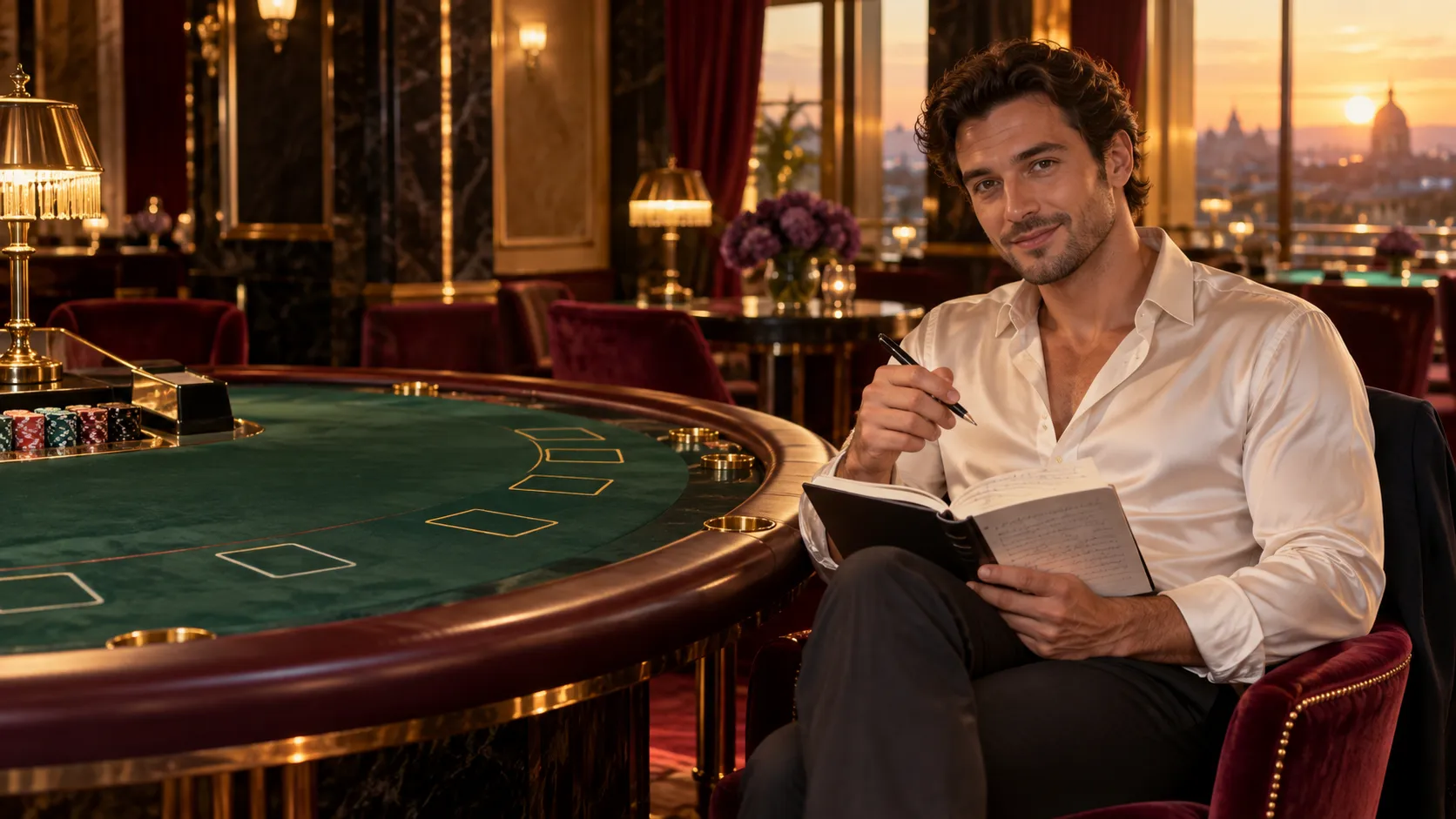 Man in a silk shirt with a notebook and pen at a blackjack pit