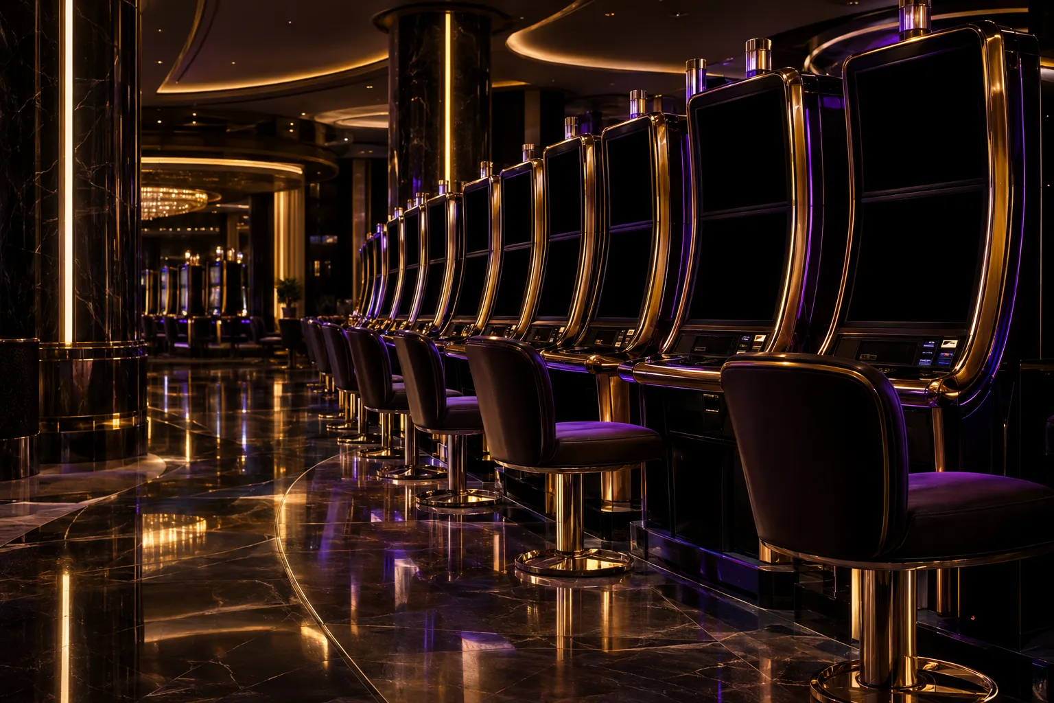 Rows of pokie machines glowing on a casino floor
