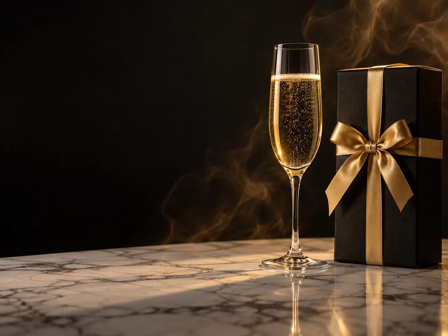 Champagne served on a gold-lit table, the mood of a welcome package