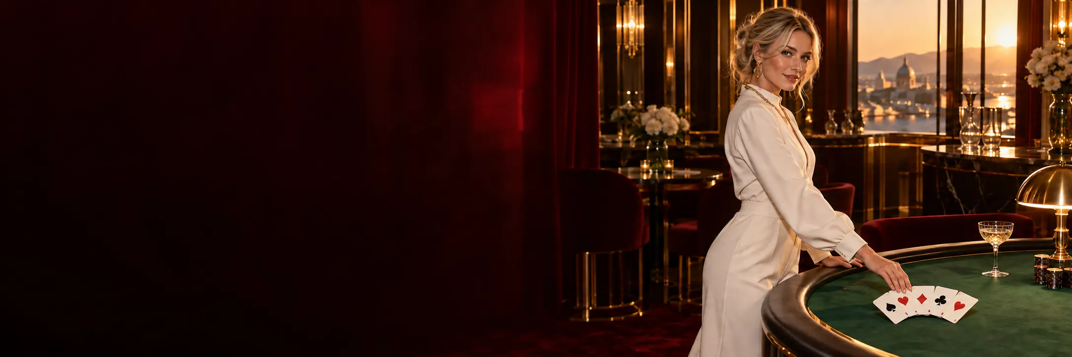 Woman in a white jumpsuit fanning a royal hand at a poker table in a champagne bar