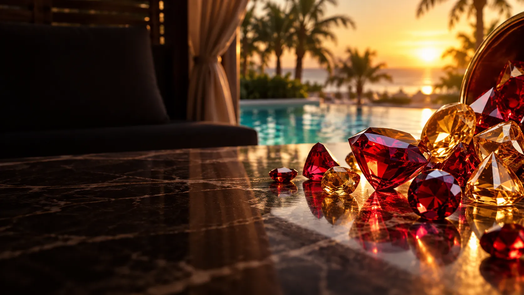 Cascade of gem symbols on a poolside cabana table