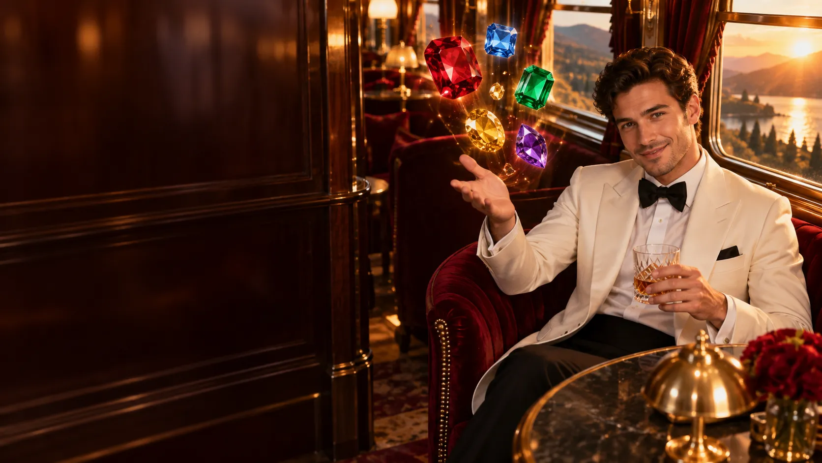 Man in a white dinner jacket gesturing to gems in a luxury train lounge car